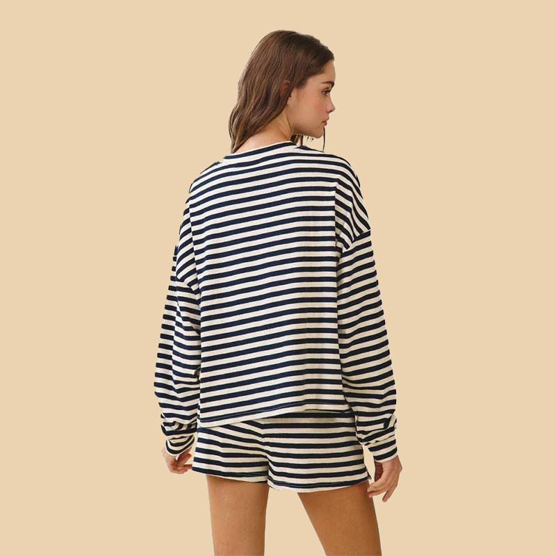 TCEC Women's Striped Boxy Long Sleeve Top, front view of a woman wearing a navy and white striped long sleeve top with matching shorts on a beige background.