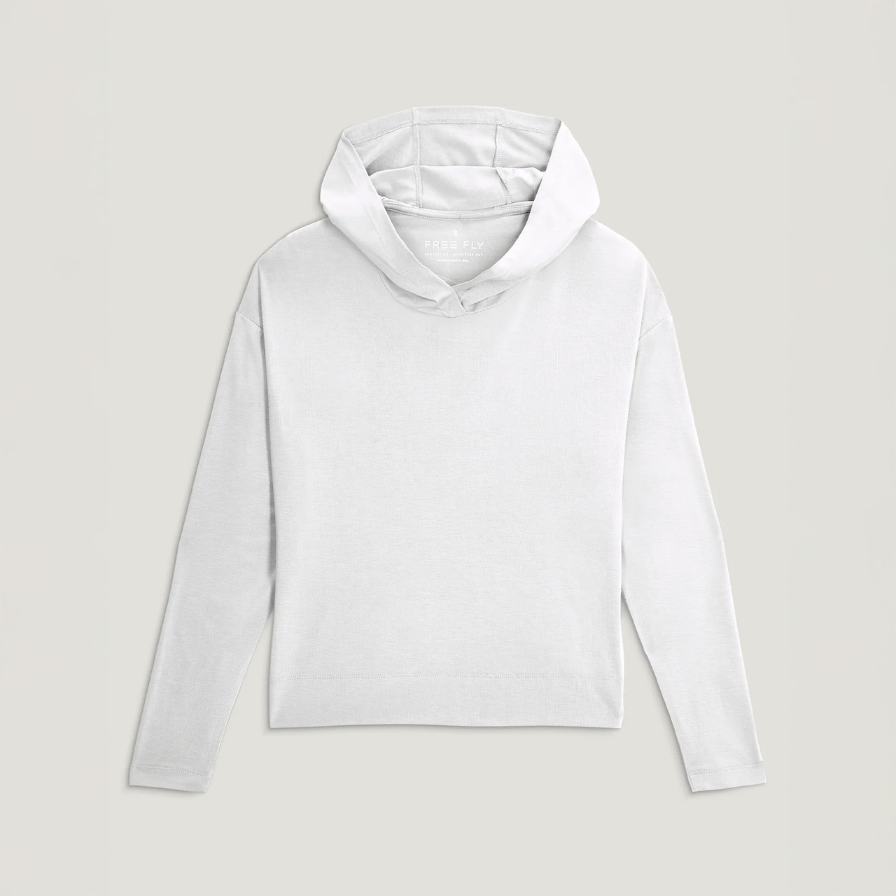 Free Fly Women's Bamboo Shade Crossover Hoodie, white hoodie with crossover collar, long sleeves, and relaxed fit.