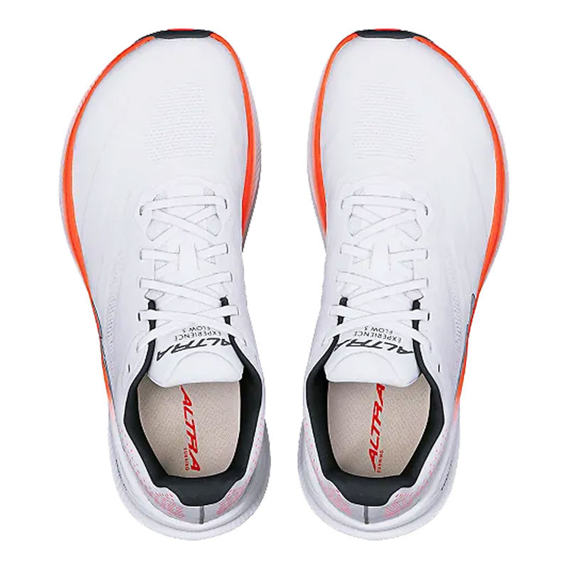 Altra Men's Experience Flow 3, top view of white athletic running shoes with orange accents and black and red detailing.
