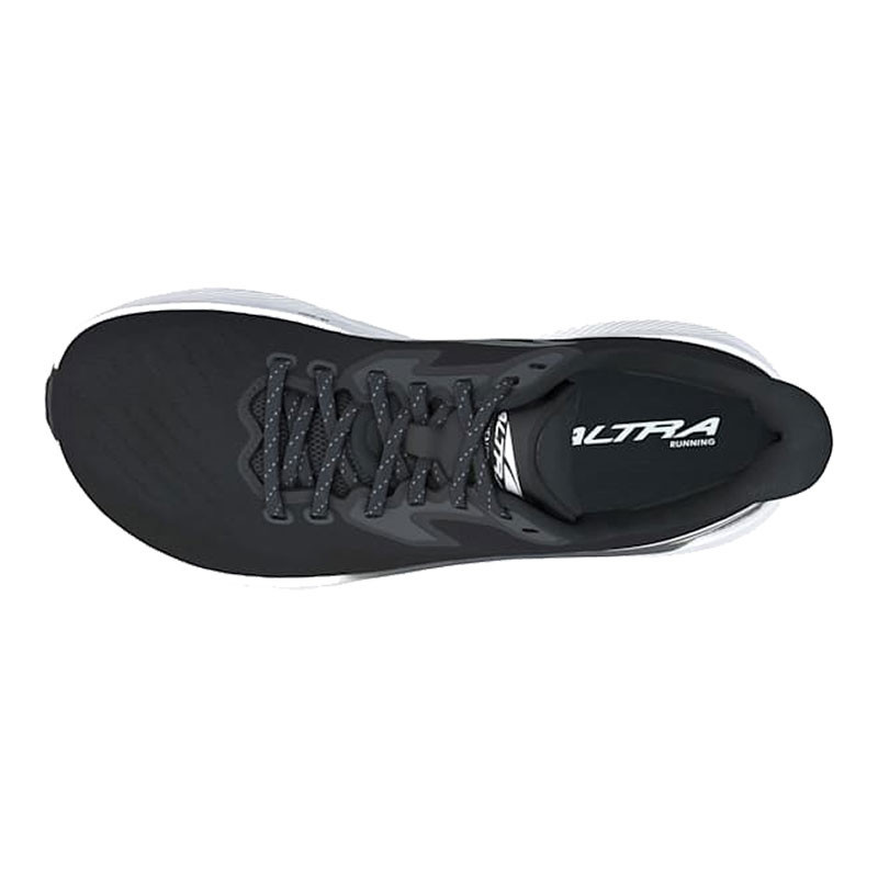 Altra Women's Experience Flow St Running Shoe, top view of a black and white athletic shoe with laces and breathable mesh upper.