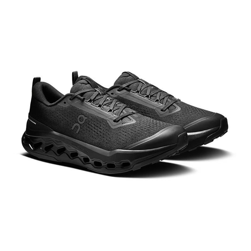 On Running Men's Cloudsurfer Trail 2, black athletic trail running shoes with breathable mesh upper and cushioned outsole for trail running.