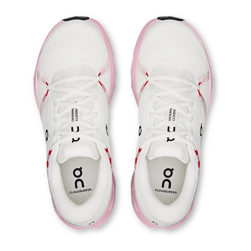 On Running Women's Cloudsurfer 2, top view of white running shoes with pink accents and breathable mesh uppers.