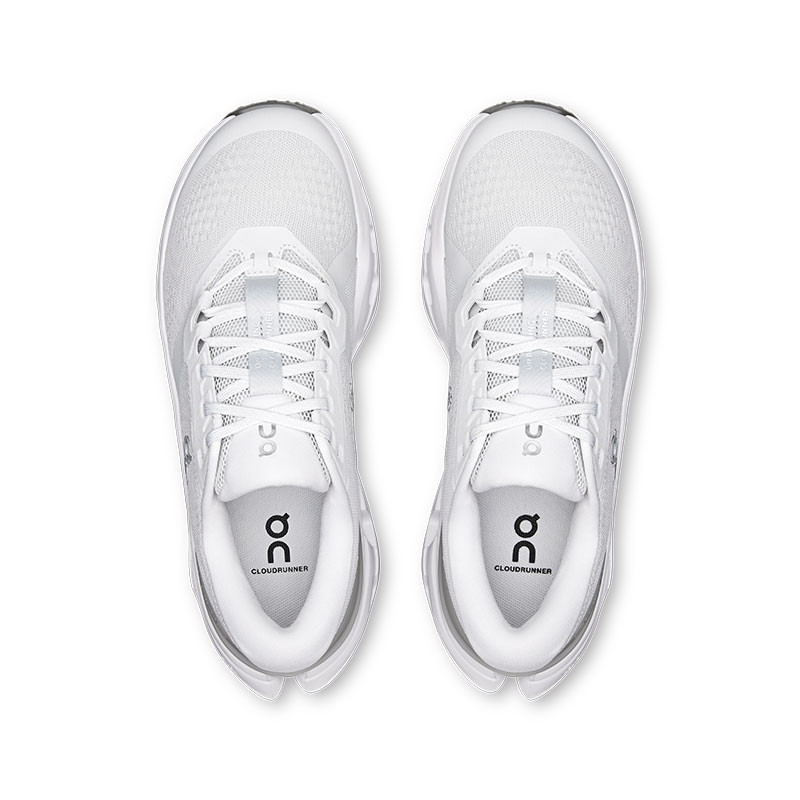 On Cloudrunner 3 Women's Running Shoes, pair of sleek white athletic running shoes with breathable mesh uppers and cushioned soles.