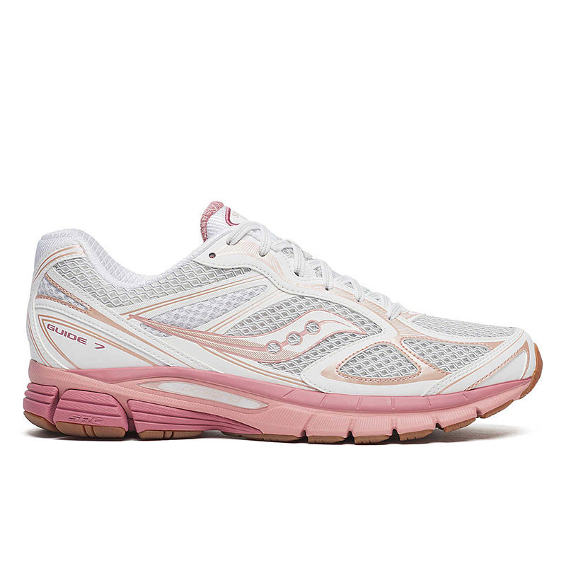 Saucony Unisex Progrid Guide 7 Shoes, white and pink running shoes with mesh upper and cushioned sole.