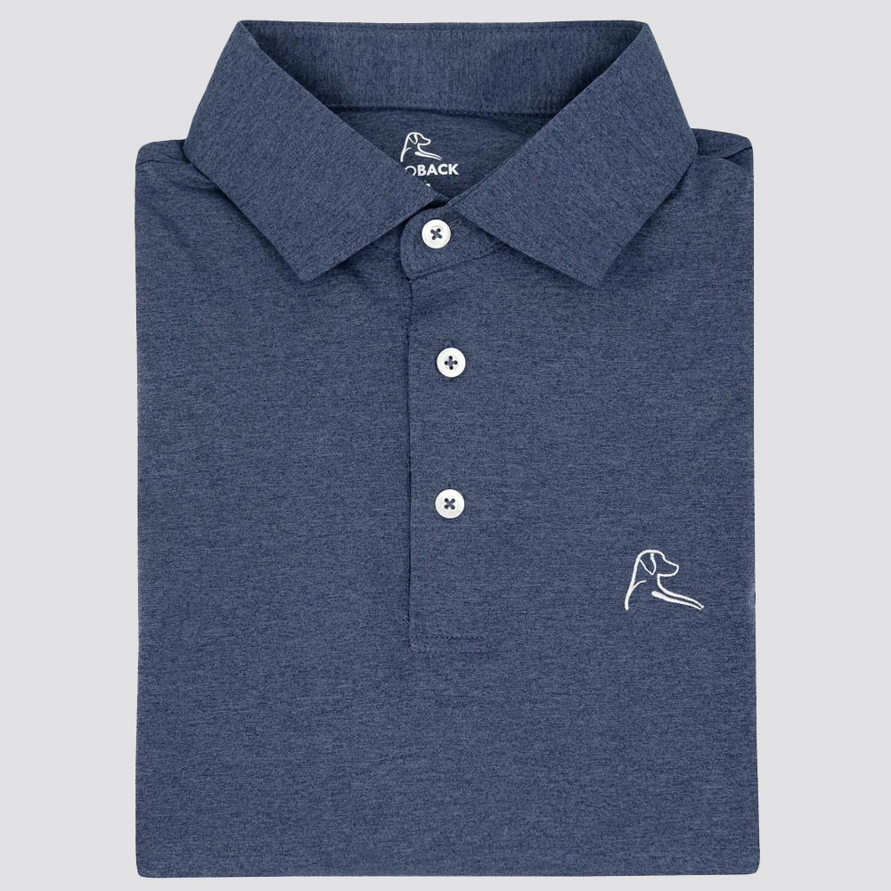 Rhoback Men's Heather Performance Polo, folded navy blue polo shirt with a collar and white buttons, featuring a small embroidered dog logo on the chest.