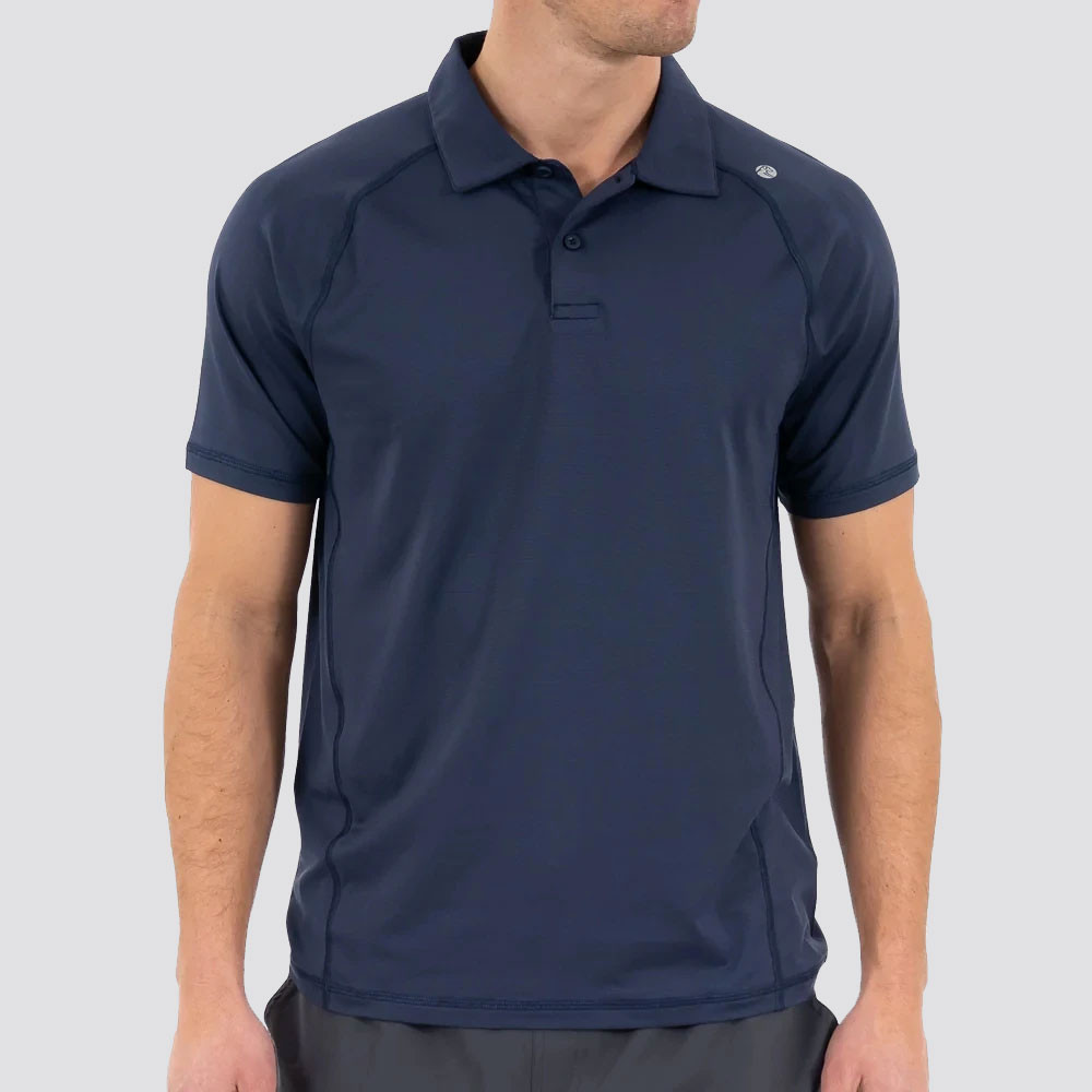 Rhoback Men's Blitz Tech Polo, navy blue athletic polo shirt with a collared design and short sleeves.