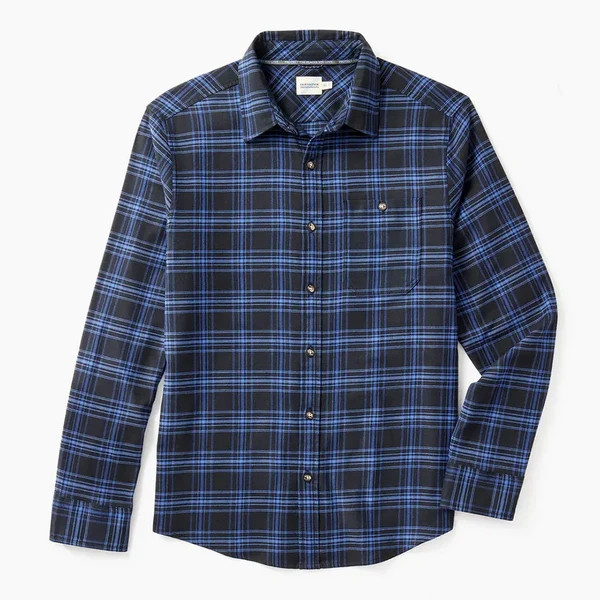 Fair Harbor Men's The Seaside Lightweight Flannel, Blue and black plaid long-sleeve shirt with button-up front and pocket.