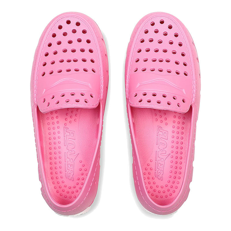 Floafers Youth Prodigy 4, pink rubber slip-on shoes with perforated holes for breathability and textured insole for comfort, suitable for children.