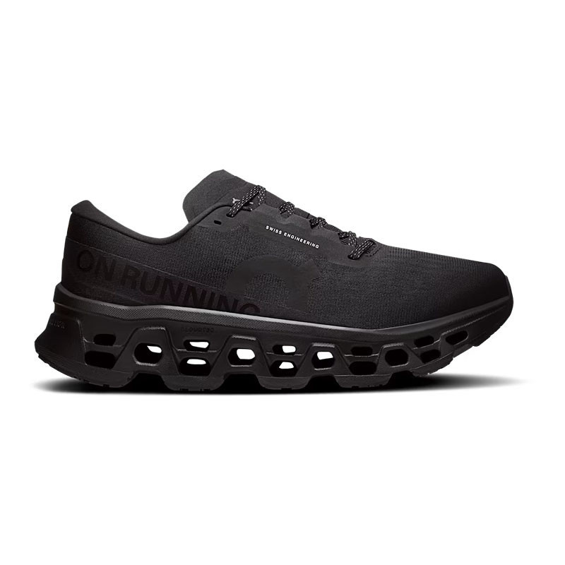 On Running Men's Cloudmonster 3, black athletic running shoe with a futuristic design and mesh upper.