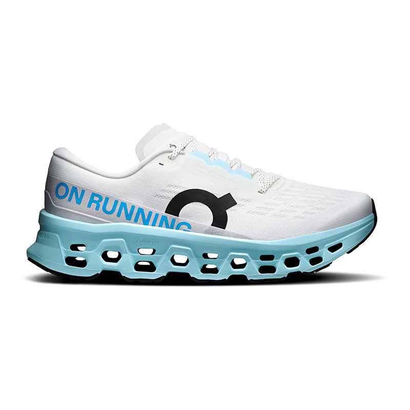 On Men's Cloudmonster 3 Running Shoes, white and light blue sneaker with black accents and breathable mesh upper designed for running.
