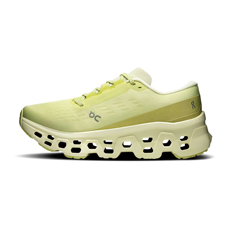 On Running Women's Cloudmonster 3, a sleek, lime-green running shoe with a distinctive cushioned sole and breathable upper fabric.