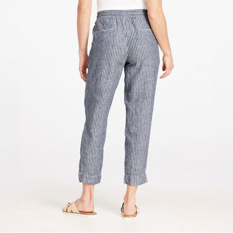 L.L.Bean Women's Premium Linen Breezy Pull-On Pant Stripe, back view of striped linen drawstring pants with elastic waistband and relaxed fit.