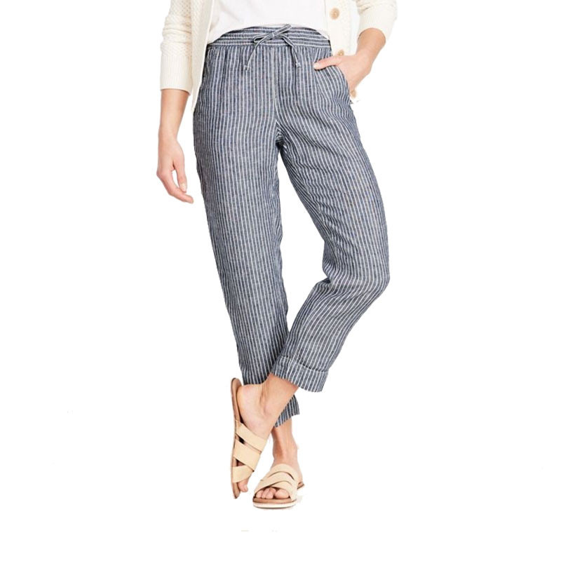 L.L. Bean Women's Premium Linen Breezy Pull-On Pant Stripe, stylish women's striped linen pants with a relaxed fit and drawstring waist.