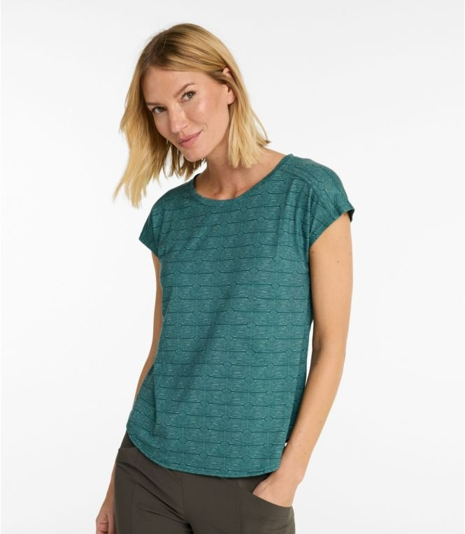 L.L. Bean Women's Streamside Ruched Crewneck Short Sleeve Print, women wearing a teal textured short sleeve crewneck shirt with a subtle pattern, casual style for outdoor or everyday wear.