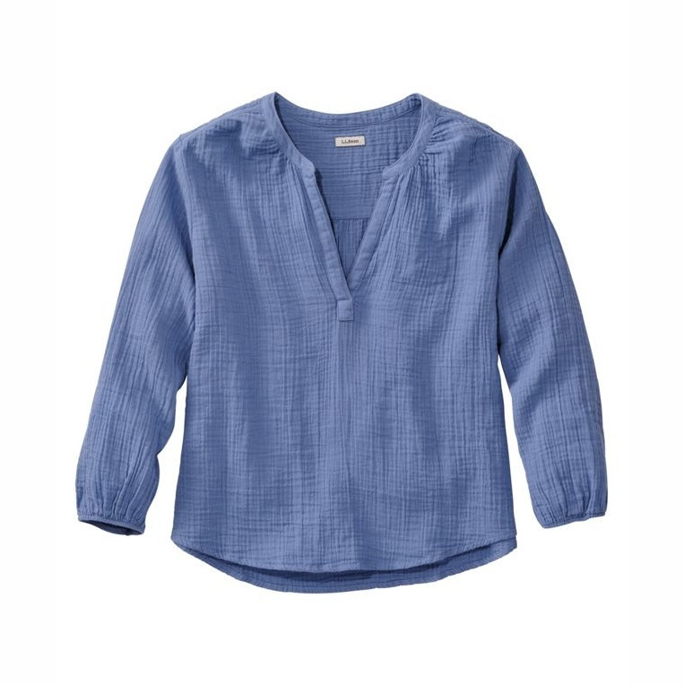 L.L. Bean Women's Cloud Gauze Splitneck Shirt, blue long sleeve gauze blouse with a split neckline and relaxed fit.