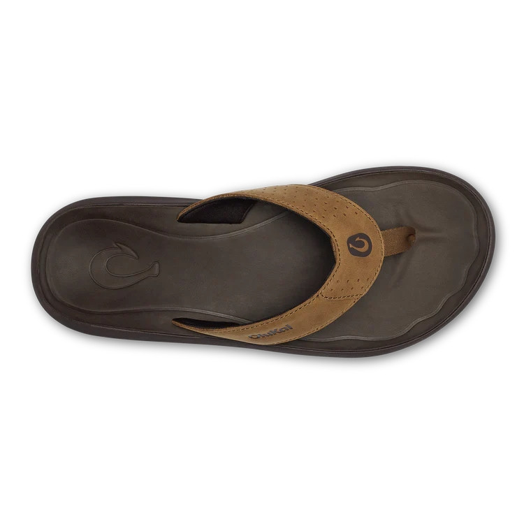 Olukai OluKai Men's Pili Sandal, top view showing dark gray footbed and tan strap with the Olukai logo.