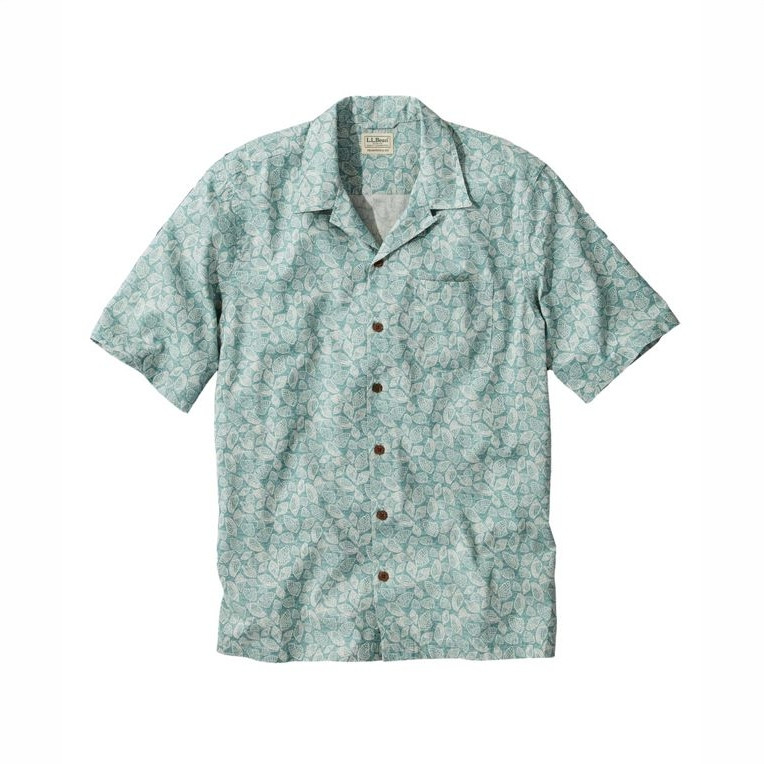 L.L. Bean Men's Tropics SS Shirt, light blue short-sleeve button-up shirt with a tropical leaf pattern and a pocket on the left chest.