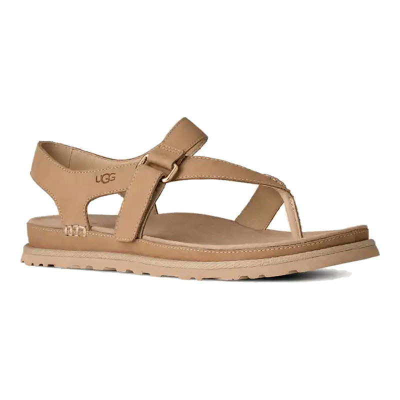 UGG Women's Goldengaze Leather Toe Post, tan leather sandal with adjustable strap and flat sole for casual wear.