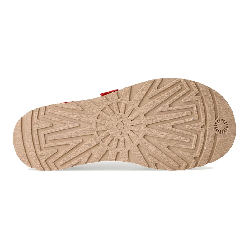 UGG Women's Goldengaze Suede Toe Post Sandals, bottom view of the beige sandal sole with textured pattern and branding.
