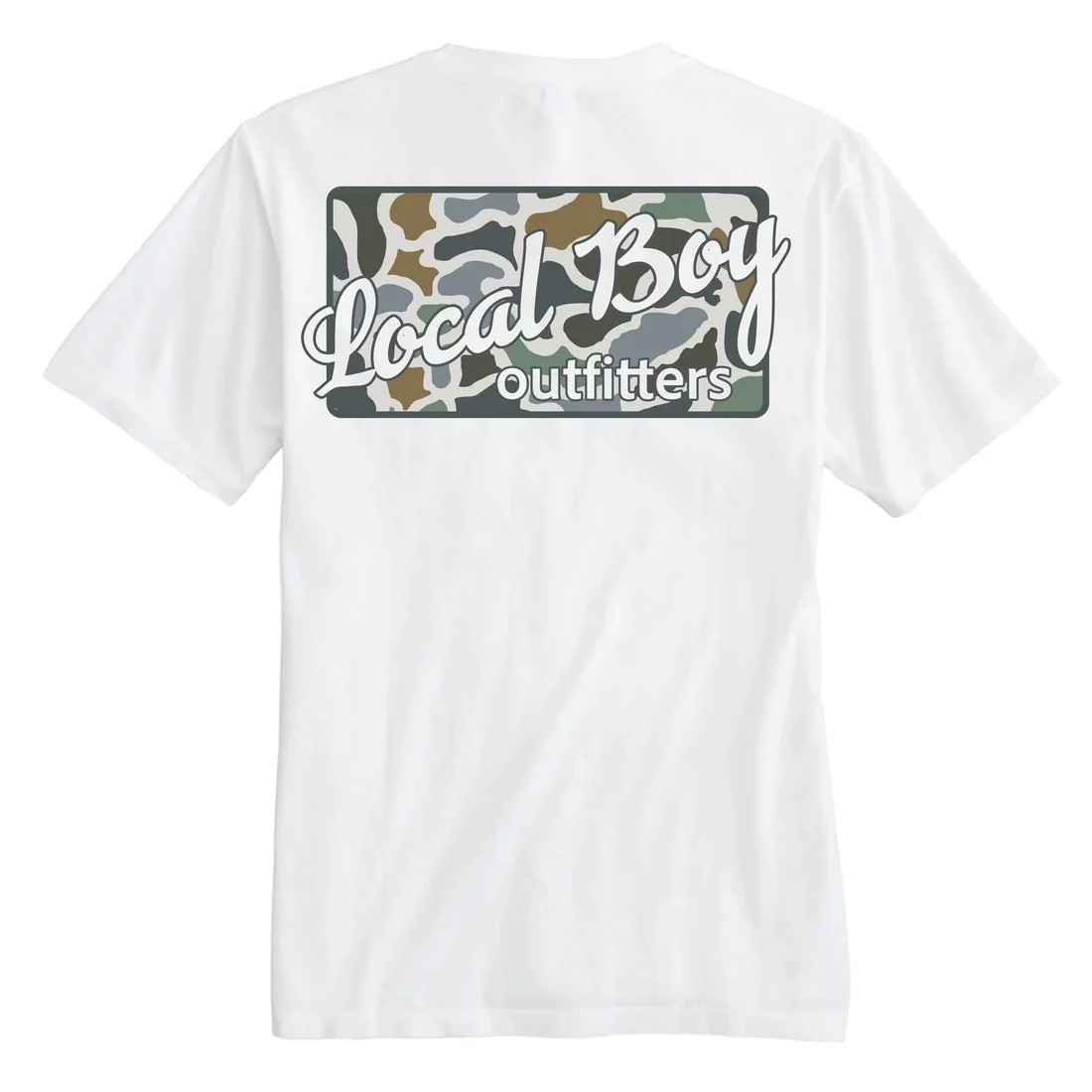Local Boy LCF Bluff Plate SS Tee, white T-shirt with a camouflage pattern and 'Local Boy Outfitters' logo on the back.