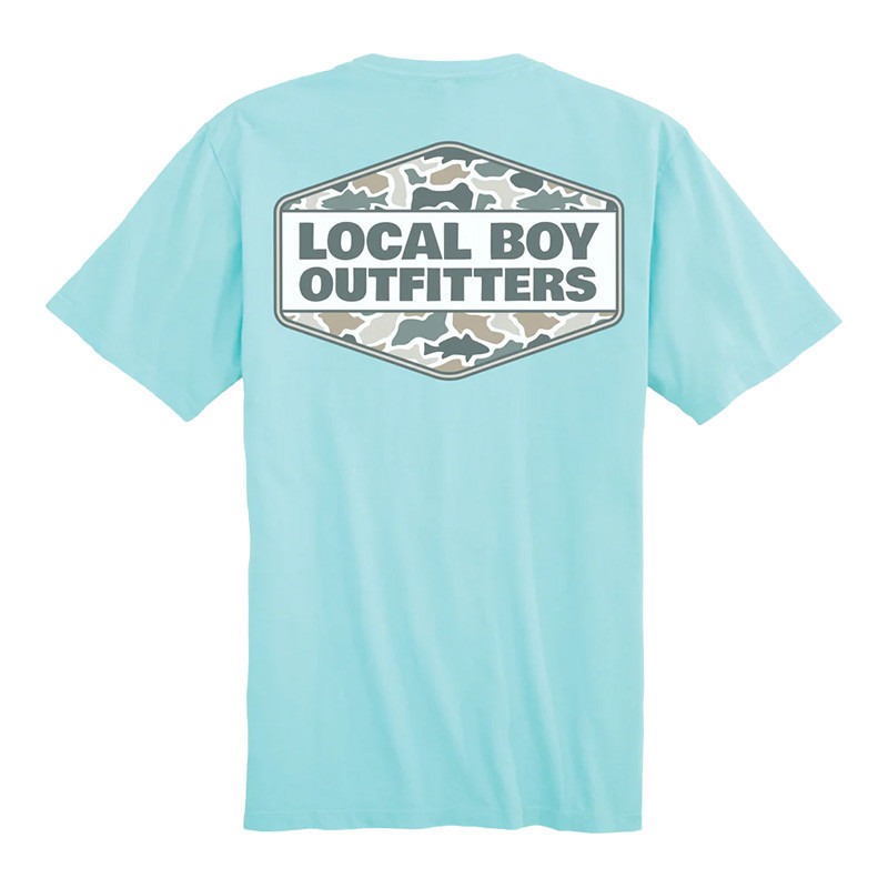 Local Boy Fish Camo Diamond Crest SS Tee, light blue T-shirt with large graphic logo on the back featuring camouflage pattern and the text 'Local Boy Outfitters'.