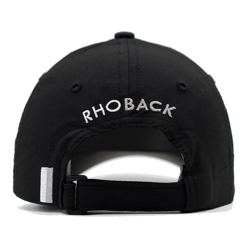 Rhoback Men's Poly Performance Hat, back view showing adjustable strap and embroidered brand logo.