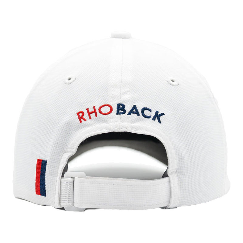 Rhoback Men's Poly Performance Hat, back view showing white cap with adjustable strap and embroidered logo.