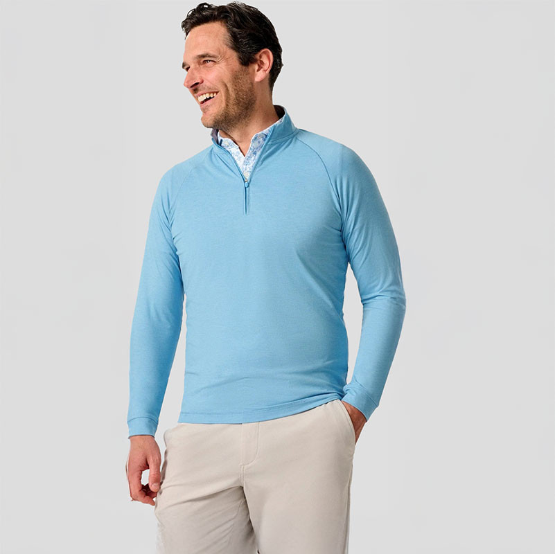 Johnnie-O Men's Freeborne Performance 1/4 Zip Pullover, light blue long-sleeve pullover with zip collar and comfortable fit.