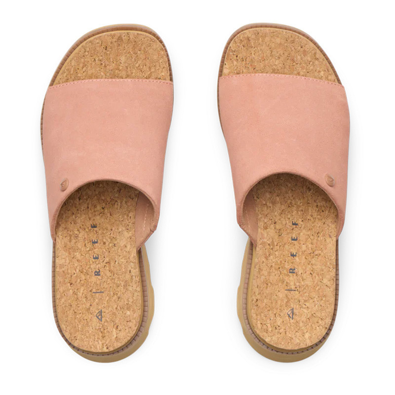 Reef Women's Vista Luxe Evie Sandal, pink slide sandal with cork footbed and wide strap design.