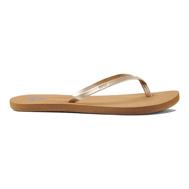 Reef Women's Bliss Nights Flip Flop, tan-colored sandal with a metallic strap for comfortable casual wear.