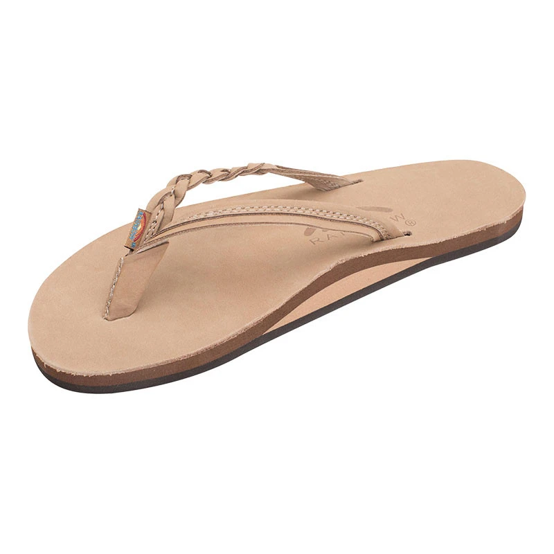 Rainbow Sandals Rainbow Women's Flirty Braidy Sandals, tan-colored flip-flop sandal with braided strap detail and a cushioned sole.
