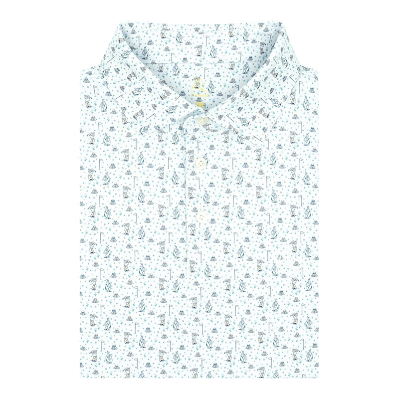 Rhoback Men's The Gopher Performance Polo, white polo shirt with a playful gopher and golf-themed print.
