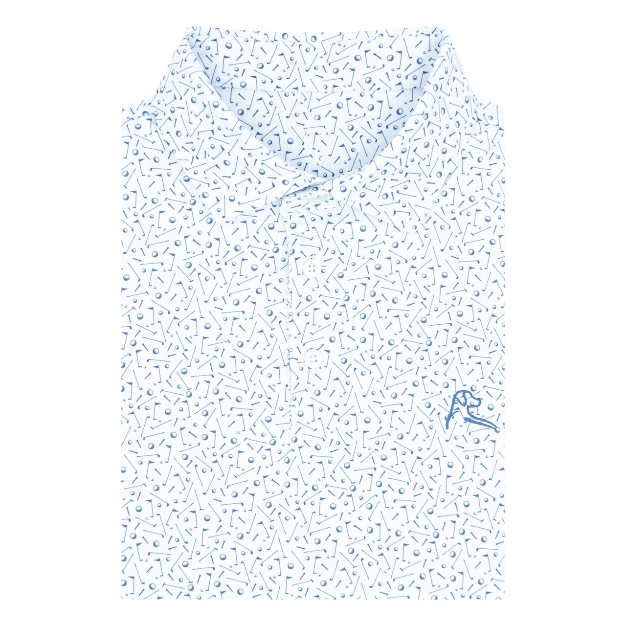 Rhoback Men's The Mulligan Performance Polo, white polo shirt with blue geometric patterns and a small embroidered rhino logo.