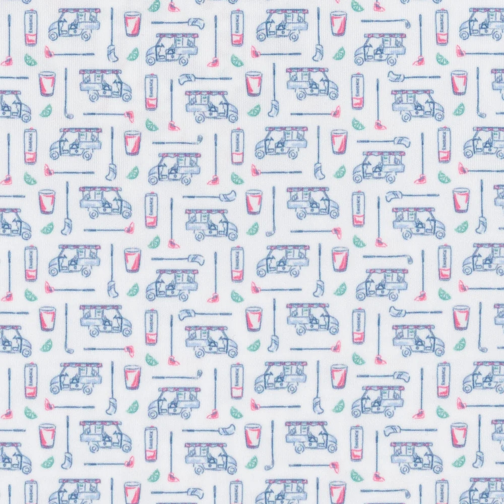 Rhoback Men's The Bev Cart 2.0 Performance Polo, white fabric with a golf-themed pattern of golf carts, golf clubs, golf balls, and drinks in red, green, and blue colors.