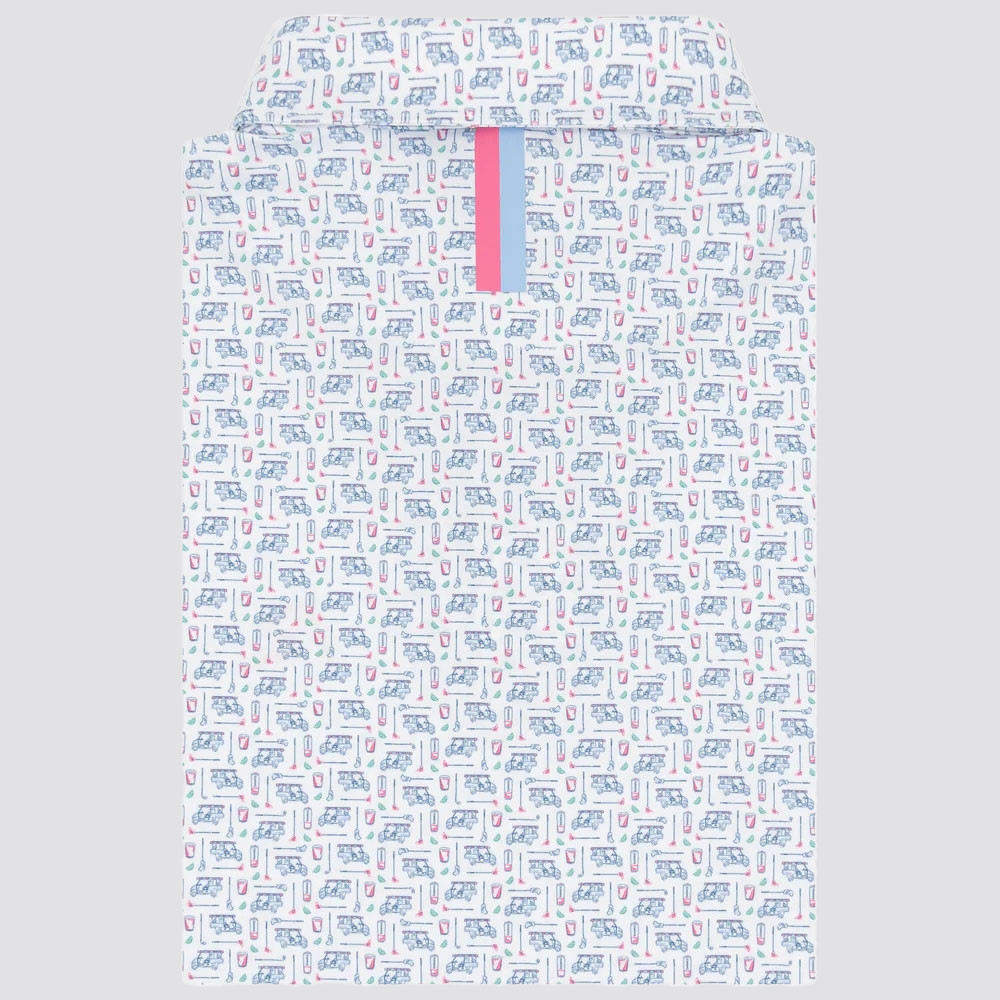 Rhoback Men's The Bev Cart 2.0 Performance Polo, white shirt with a colorful pattern of golf carts, golf balls, and drinks, with a pink stripe on the front.