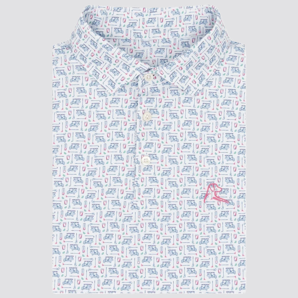 Rhoback Men's The Bev Cart 2.0 Performance Polo, white shirt with a playful print of golf clubs, golf balls, and beverage cups in blue, red, and green, with pink embroidered logo.