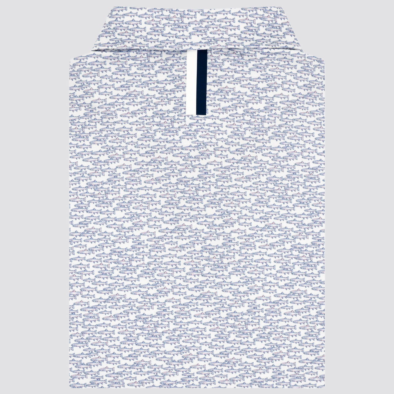 Rhoback Men's The Trout Run Performance Polo, white polo shirt with a blue trout fish pattern.