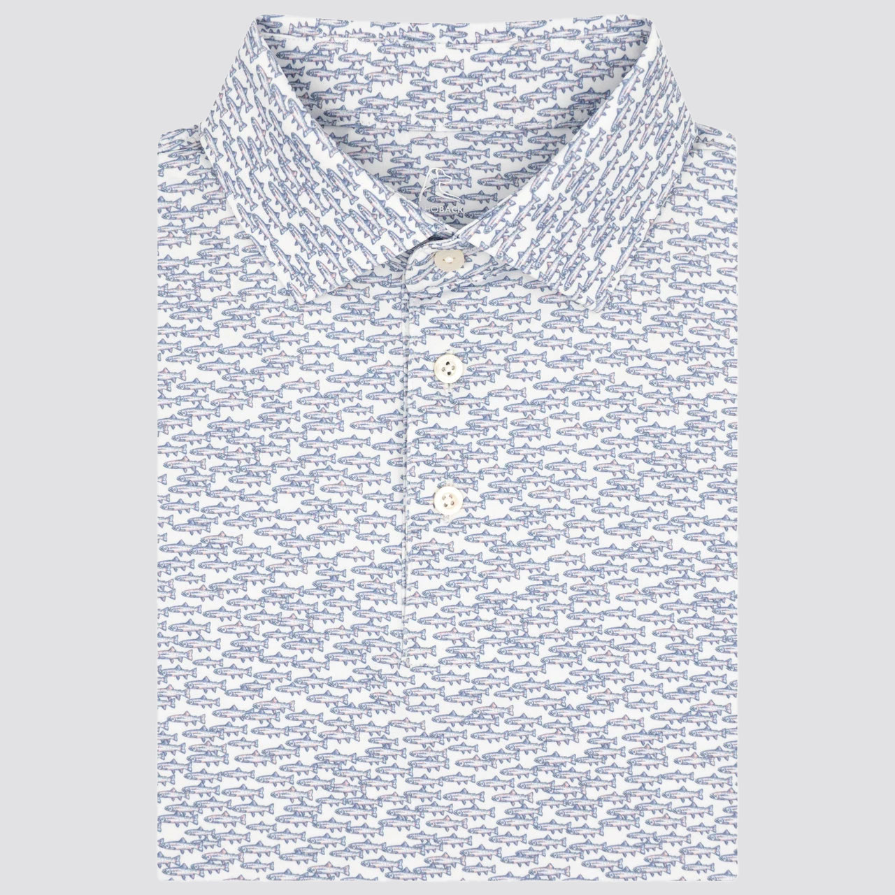 Rhoback Men's The Trout Run Performance Polo, front view of a white short-sleeve polo shirt with a blue fish pattern and button-up front.