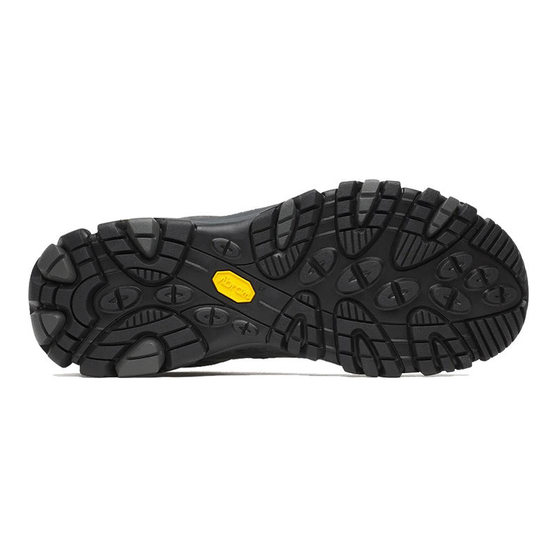 Merrell Men's Moab 3, rugged black outdoor hiking shoe sole with durable treads and Vibram logo for superior traction and stability.