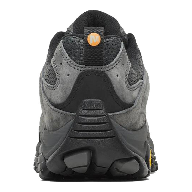 Merrell Men's Moab 3, rear view of a gray and black hiking shoe with durable sole and padded collar.