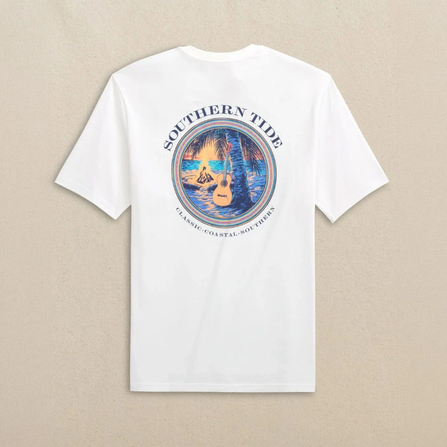 Southern Tide Men's Short Sleeve Guitar Bonfire Tee, white T-shirt with a colorful back graphic of a guitar, palm trees, and a bonfire at the beach, featuring coastal and southern seaside themes.