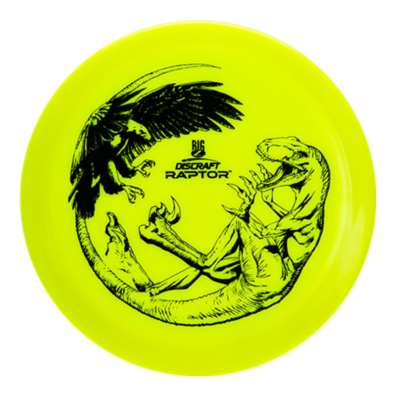 Discraft Disc Golf Discraft Big Z Raptor, yellow disc golf disc with black graphic of a raptor and a bird of prey.