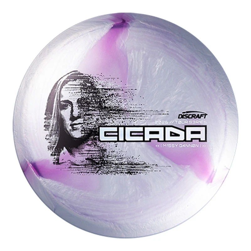 Discraft Disc Golf Discraft 2026 Missy Gannon Tour Series Cicada, style disc golf disc with black and purple graphic of Missy Gannon on white background.