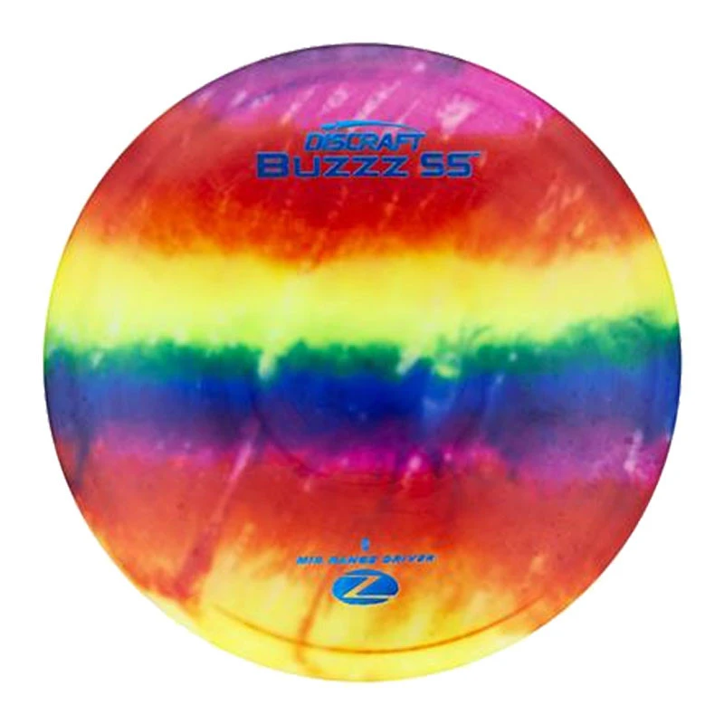 Discraft Disc Golf Discraft Z Line Fly Dye Buzzz SS, colorful tie-dye pattern in pink, yellow, green, blue, and purple with blue text branding