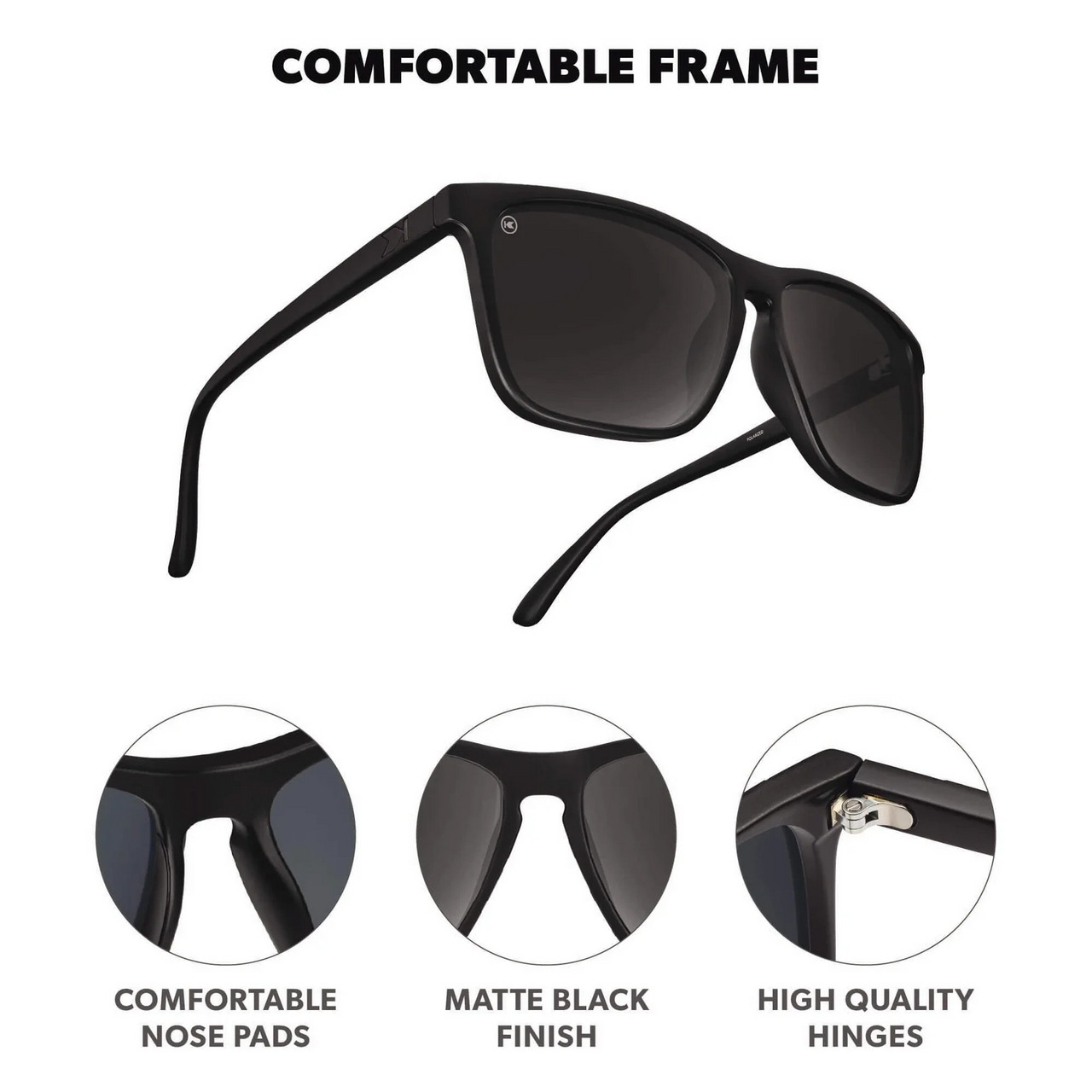 Knockaround Fast Lanes Sunglasses, black sunglasses with matte black finish, comfortable nose pads, high quality hinges, and dark tinted lenses.