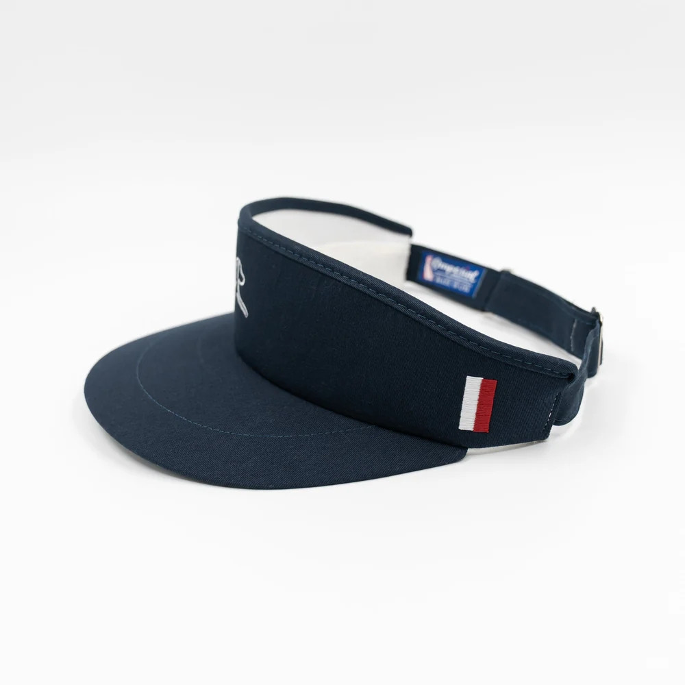 Rhoback The Tour Visor, navy blue sports visor with adjustable strap and embroidered logo.