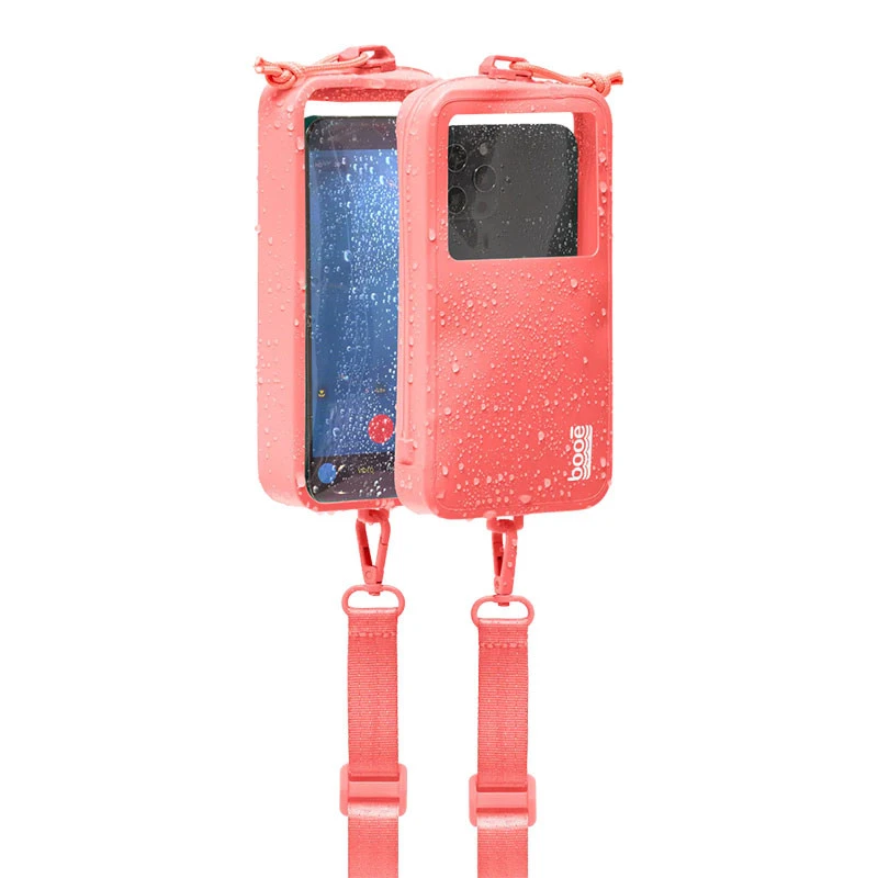 Booe BOOE Waterproof Phone Case, pink waterproof phone case with transparent window and adjustable strap for securing smartphones during water activities.