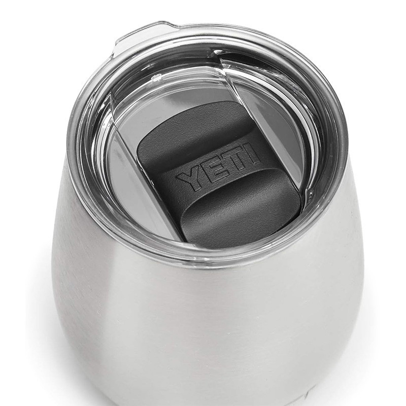 YETI Coolers Yeti 10oz Wine Tumbler Magslider Lid, close-up of the black Magslider lid on a stainless steel wine tumbler.