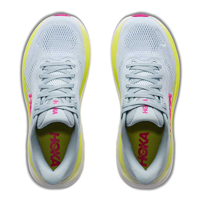 HOKA Women's Clifton 11 sneakers, top view of the light gray athletic shoes with neon yellow accents and pink branding details.