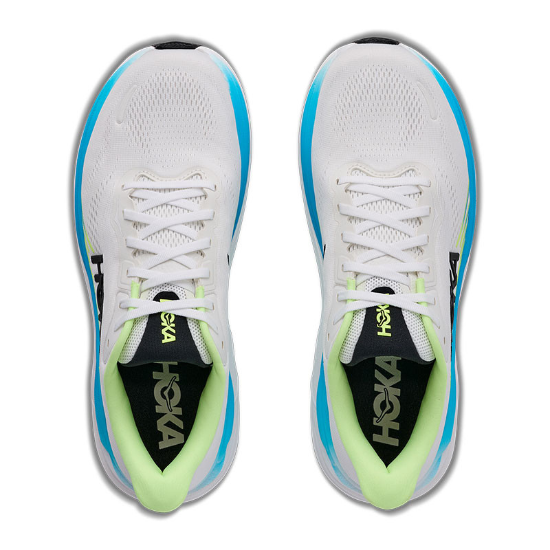 HOKA Men's Clifton 11 Running Shoes, top view of white athletic sneakers with blue and lime green accents and breathable mesh material.